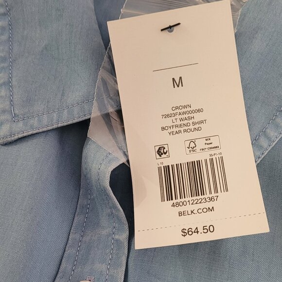 Crown & Ivy Blue Chambray Tencel Long Sleeve Button Up Blouse Size Medium NWT - Picture 2 of 12